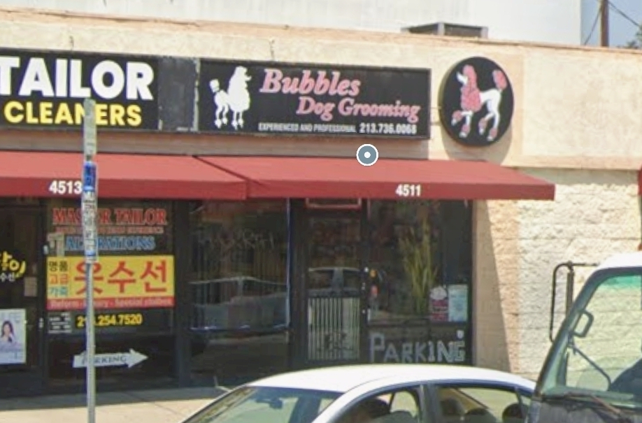 Bubbles Dog Grooming storefront at 4511 Beverly Blvd, Los Angeles — signage with poodle logo and red awning