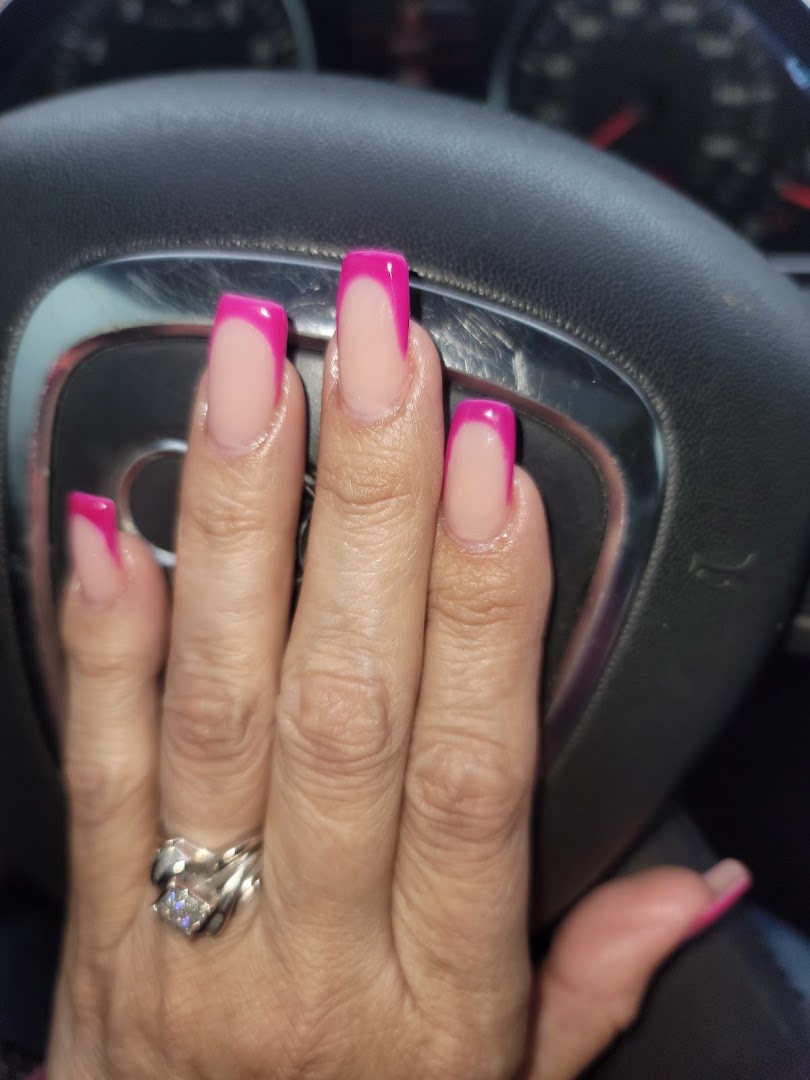 Hot-pink French tip acrylic nails, square shape, bold magenta tips