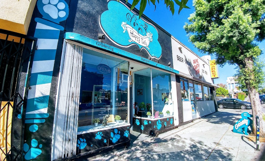 Happy Tails grooming salon storefront on York Blvd, Eagle Rock, Los Angeles — turquoise awning with paw print murals